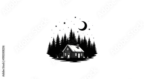 A cozy cabin nestled in a serene forest under a starry night sky.