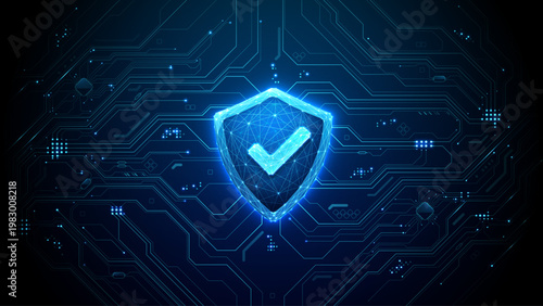 Digital shield icon with cyber lock elements protects data networks. Modern cybersecurity concepts feature blue tech patterns and secure system defense for online privacy