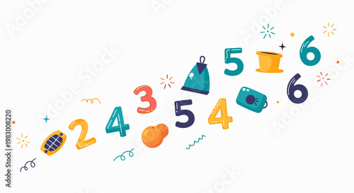A whimsical illustration featuring a playful arrangement of numbers and small objects, creating a sense of childlike wonder and learning.