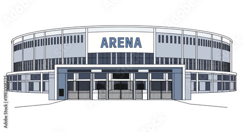 Modern sports arena building illustration with 'ARENA' sign on white background.