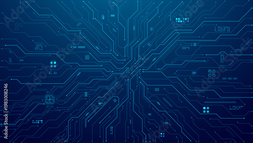 Abstract AI tech background with blue circuit line pattern forming a structured data network. Clean cyber board texture with symmetrical layout. Digital electronics and modern semiconductor systems