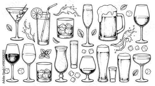 Vector illustration of various alcoholic and non-alcoholic drink glasses