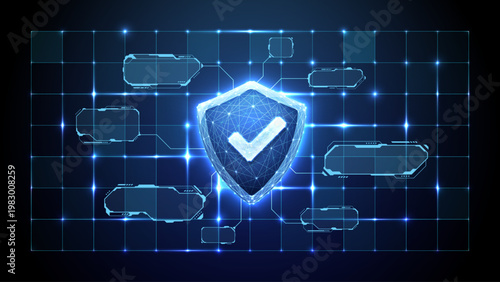 Cyber security shield icon glowing on tech background. Holographic HUD interface with checkmark symbolizes digital data protection and safe network defense in abstract blue space. Vector illustration