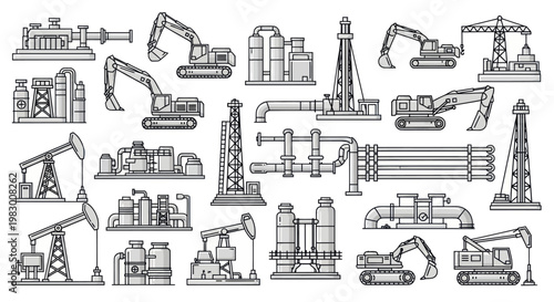 Industrial infrastructure and heavy equipment outline icons collection.