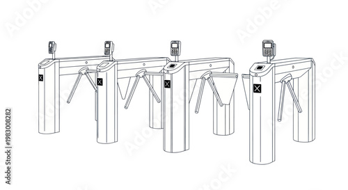 Illustration of three security turnstile gates with card readers