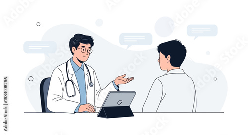 Doctor consulting patient, discussing medical condition with tablet, healthcare concept