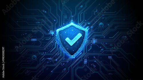 Cyber security digital concept. Technology circuit board with digital shield and check mark icon. Digital protect background. Tech blue backdrop. Vector illustration 