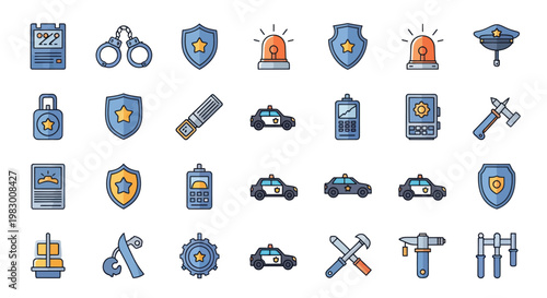 Collection of police and law enforcement line icons for security and justice.