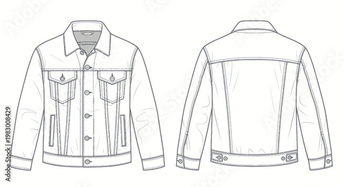 Denim jacket technical sketch front and back view vector illustration