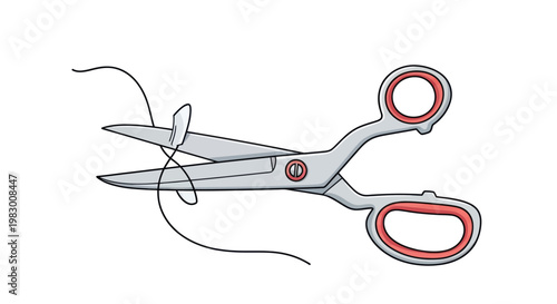 Sharp sewing scissors cutting a black thread isolated on white background