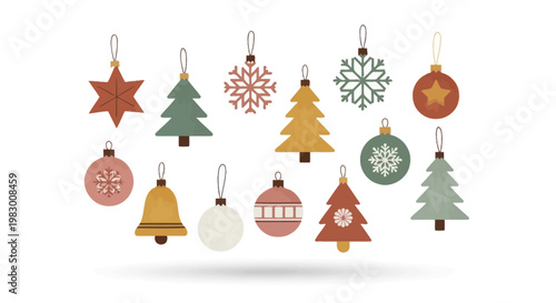 Set of minimalist Christmas tree ornaments in earthy tones on a white background
