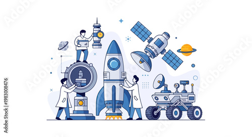 Scientists and engineers working on rocket and space exploration technology illustration.