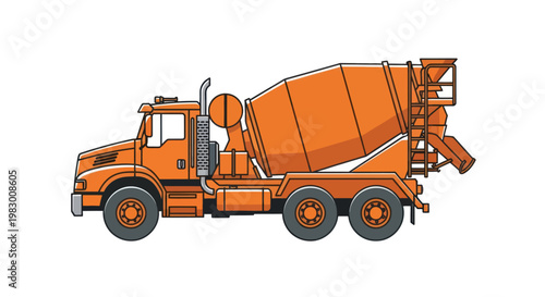Orange concrete mixer truck on a white background.
