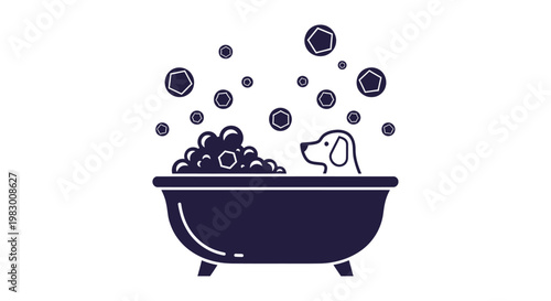 Adorable dog enjoying a bubbly bath in a bathtub.