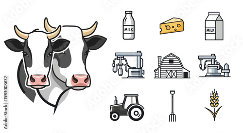 Dairy farming and agriculture vector icons set.