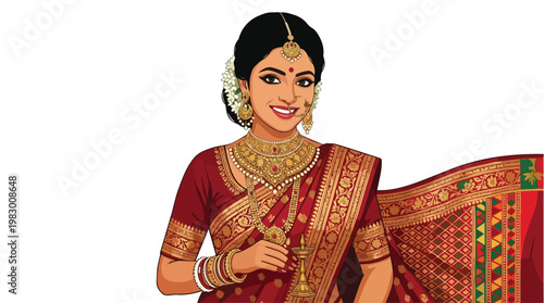 Traditional Bengali woman in red saree with gold jewelry holding a lamp for Pohela Boishakh celebration vector illustration isolated on white background