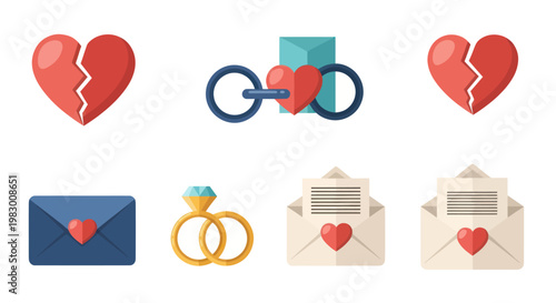 Set of romantic love and wedding related icons.