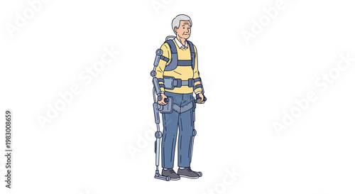 Elderly man in exoskeleton suit on white background.