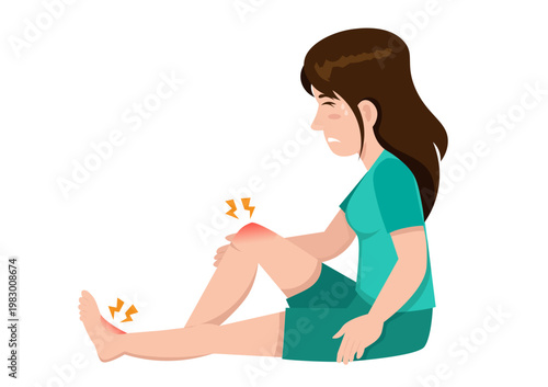 Sad Woman Character Sitting and Holding Painful Knee