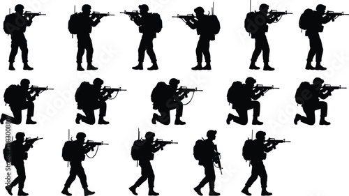 Silhouette Set of Soldiers in Various Combat Poses, Military Action, Soldier with Rifle, Tactical Training, Armed Forces Concept