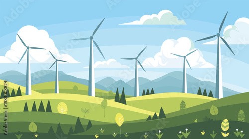 Simple flat vector of renewable wind turbine farm on hill clean energy landscape illustration sustainable power generation concept modern eco design
