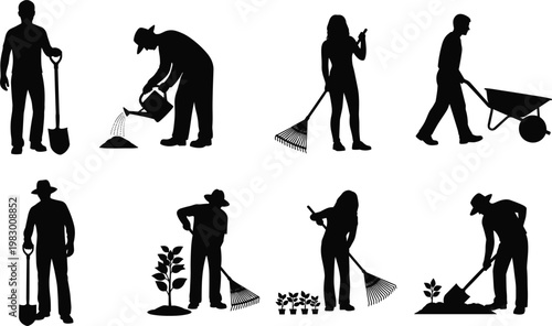 Silhouettes of People Gardening and Planting for Environmental Care, Horticulture, and Sustainable Living Designs