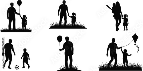 Silhouettes of Father and Child Bonding in Various Outdoor Activities for Family, Parenthood, and Playtime Designs