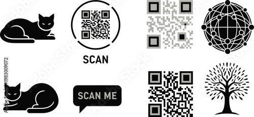 Collection of cats silhouettes QR codes geometric globe tree branches speech bubble scan me designs for digital graphic illustration
