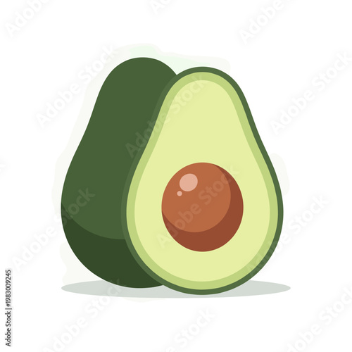A whole avocado and a halved avocado showing its pit and creamy green flesh, isolated on a white background.
