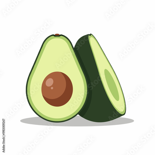 A vibrant illustration of a ripe avocado cut in half, revealing its creamy green flesh and large brown seed, with another half placed beside it.
