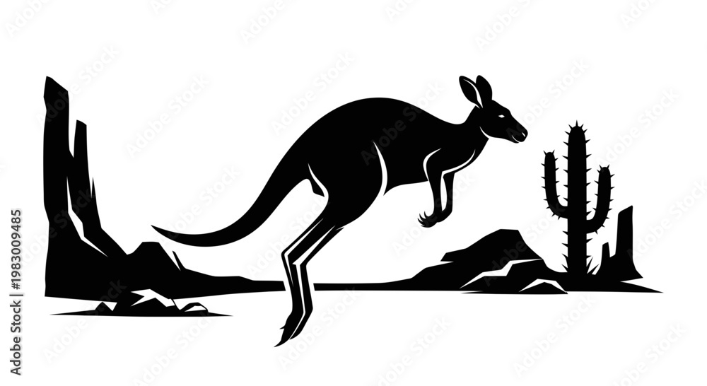 Fototapeta premium Kangaroo Leaping in Silhouette in Australian Desert Landscape with Cactus