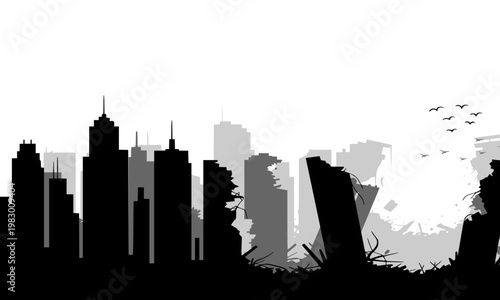 Silhouette of a partially destroyed city skyline with damaged buildings, debris, and birds flying against a white background, depicting urban disaster, war devastation, and apocalyptic scenes