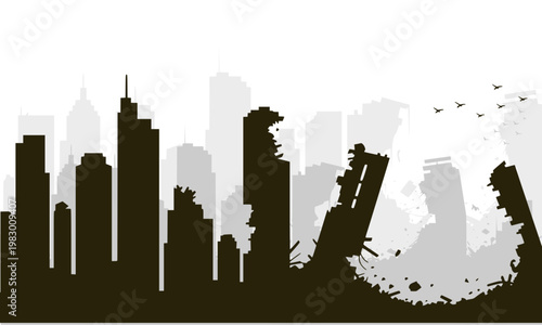  Silhouette of a devastated city skyline with crumbling skyscrapers, falling debris, and birds flying, depicting urban destruction, natural disaster, war, and post-apocalyptic devastation