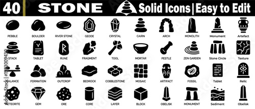 40 solid black stone icons. Covering geological elements, architectural shapes, and tools for diverse graphic design projects, vector illustration.