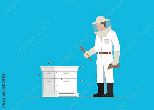 Beekeeper in protective clothing standing next to white beehive with bees flying around on blue background