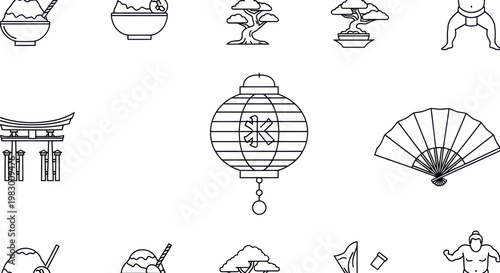 Japanese Culture Icons: Torii Gate, Lantern, Fan, Sumo Wrestler, Bonsai