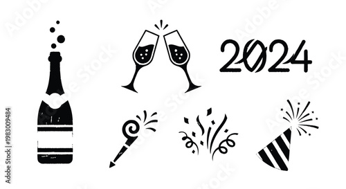 New Year Celebration Icons: Champagne, Confetti, Party Hat, Year 2024
