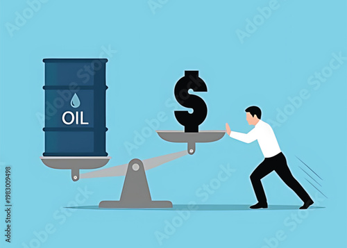 Man pushing dollar sign on scale to balance oil barrel weight on equal sides