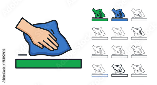 Hand wiping surface with cloth, cleaning icon set