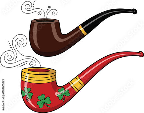 Decorative Smoking Pipes Set with Smoke, Classic and Irish Style Tobacco Pipe Illustration for Vintage Lifestyle Design
