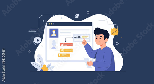 Agile methodology concept: man pointing at organizational chart on screen