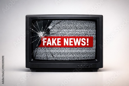 Broken television screen displaying Fake News with static and a red banner