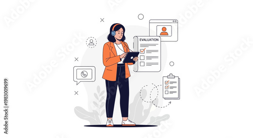 Customer service agent with tablet and headphones, evaluation form, online support