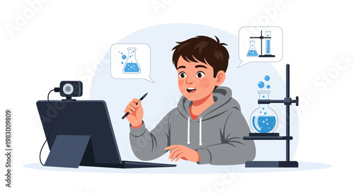 Boy learning chemistry online with webcam and laptop, science education concept