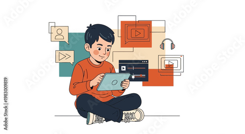 Boy with Tablet Interacting with Digital Media Icons, Online Learning