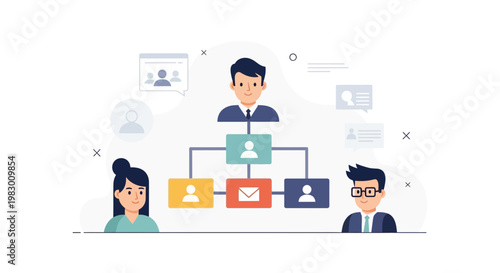 Business Organization Chart with Team Members and Communication Icons
