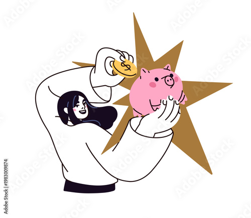 Saving, collecting money with piggybank, concept. Woman with piggy box, bank ...