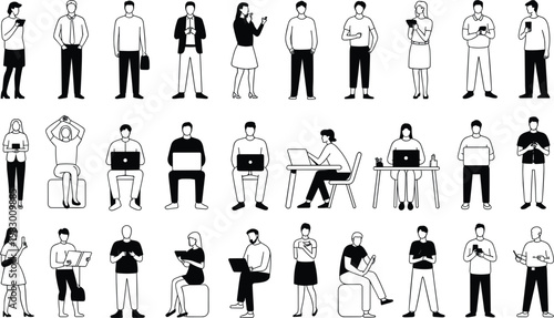 People using smartphones and laptops set, modern lifestyle communication, business technology vector illustration collection