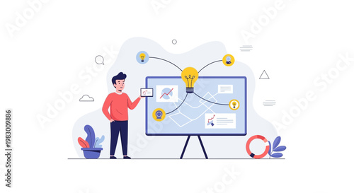 Business presentation with ideas and strategy on a whiteboard