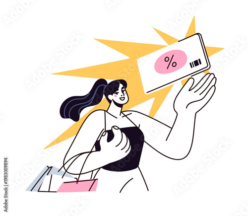 Discount and sale concept. Woman with shopping bag and loyalty card, store co...